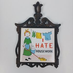 Vintage Cherry Japan I HATE HOUSEWORK Ceramic / Cast Iron Trivet